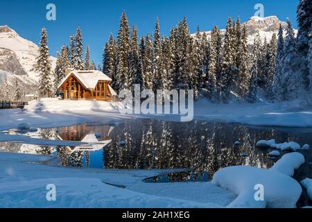 Koriander auf dem See im Winter am Emerald Lake, Alberta, Kanada, Stockfoto