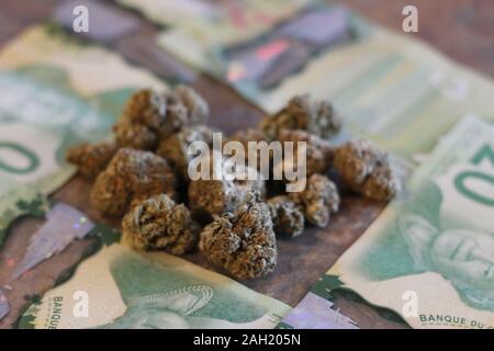 Marihuana Knospen auf Geld mit einem Feuerzeug und Rolling Papers. Marihuana auf kanadischen Geld mit einem Feuerzeug und Rolling Papers. Stockfoto