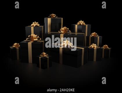 Stapel von geschenkboxen auf Schwarz mit Freistellungspfad isoliert Stockfoto