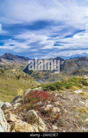 Die Farben des Herbstes, durch die roten Blaubeeren dominiert, das intensive Blau des Himmels und das smaragdgrüne Wasser der Bergseen Stockfoto