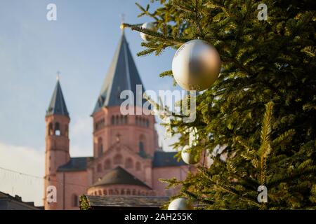 Fokus liegt auf einem Weihnachtsbaum in der Front, im Hintergrund unscharf ist die St. Martins Dom Mainz in Deutschland Stockfoto