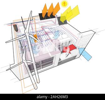 Apartment Diagramm mit Fußbodenheizung und zu den Windenergieanlagen und Photovoltaik und Sonnenkollektoren verbunden und und Deckenkühlung Stock Vektor