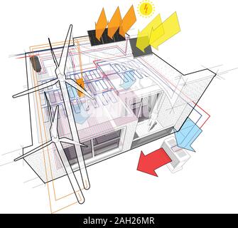 Apartment Diagramm mit Fußbodenheizung und zu den Windenergieanlagen und Photovoltaik und Sonnenkollektoren verbunden und und Deckenkühlung Stock Vektor