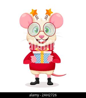 Frohe Weihnachten und guten Rutsch ins neue Jahr. Lustige Ratte in Gläsern mit Geschenkverpackung. Lustige cartoon Charakter Ratte. Vector Illustration. Stock Vektor