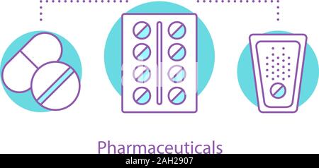 Pharma Konzept Symbol. Medikamente Idee dünne Linie Abbildung. Behandlung. Brausetabletten, Pillen, Kapseln. Vektor isoliert Umrisse drawi Stock Vektor