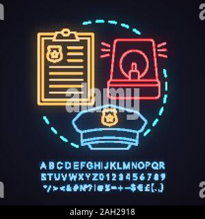 Polizei Neon Licht Konzept Symbol. Strafverfolgung Idee. Polizei Auto, Hubschrauber, Abzeichen. Leuchtende Zeichen mit Alphabet, Zahlen und Symbolen. Vektor iso Stock Vektor