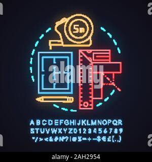 Building Project Neon Licht Konzept Symbol. Blueprint Idee. Grundriss. Leuchtende Zeichen mit Alphabet, Zahlen und Symbolen. Vektor isoliert Abbildung Stock Vektor