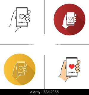 Smartphone spende App Symbol. Flache Bauweise, lineare und Farbe Stile. Digitale Liebe. Online Fundraising. Die Spende über Handy. Isoliert Stock Vektor