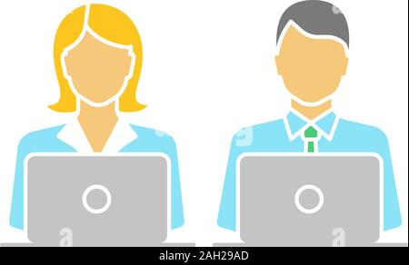 Coworking Glyphe Farbe Symbol. Büro arbeiten. Freiberuflich tätig sein. Die Kollegen arbeiten mit Laptops. Silhouette Symbol auf weißem Hintergrund ohne Grenzen. Negative Stock Vektor