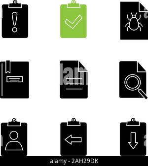 UI/UX Glyphe Symbole gesetzt. Zuordnung zu spät, gedreht in, bug report, Notepad, Datei, in der Seite finden, Zwischenablage mit Pfeilen nach links und rechts, cv. Silhouette Symbo Stock Vektor