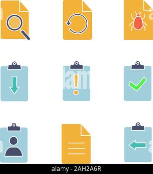 UI/UX Glyphe farbige Symbole gesetzt. Finde in Seite, Restore, bug report, Zuordnung spät und in, Lebenslauf, Beschreibung, Zwischenablage zurück. Silhouette Symbole mit n Stock Vektor