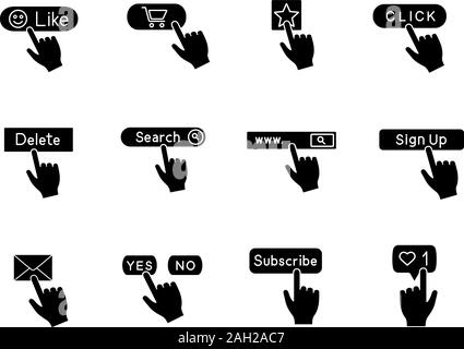 App tasten Glyphe Symbole gesetzt. Klicken Sie auf. Social Media Interface. Webseite Navigation. Silhouette Symbole. Vektor isoliert Abbildung Stock Vektor