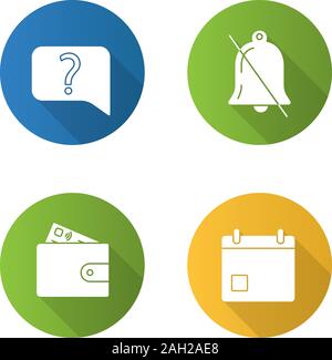 UI/UX flache Bauweise lange Schatten Glyphe Symbole gesetzt. Live chat, Benachrichtigungen aus, Zahlung, Kalender. Vektor silhouette Abbildung Stock Vektor