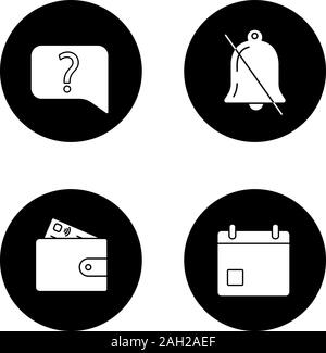 UI/UX Glyphe Symbole gesetzt. Live chat, Benachrichtigungen aus, Zahlung, Kalender. Vektor weisse Silhouetten Abbildungen in schwarzen Kreisen Stock Vektor
