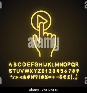 Schaltfläche 'Wiedergabe' klicken Neon Licht Symbol. Starten, starten. Media Player. Hand drücken der Taste. Leuchtende Zeichen mit Alphabet, Zahlen und Symbolen. Vektor isoliert Stock Vektor