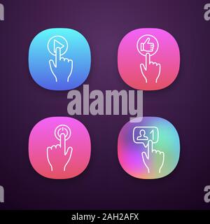 Klicken Sie App Icons einstellen. Spielen, wie, Strom, neue Follower Benachrichtigung. UI/UX-Benutzeroberfläche. Web oder mobile Anwendungen. Vektor isoliert Abbildungen Stock Vektor