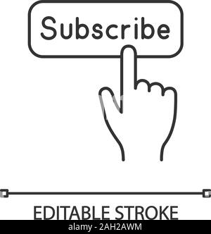 Taste zum Abonnieren klicken Sie auf lineare Symbol. Dünne Linie Abbildung. Abonnement. Social Media App. Hand drücken der Taste. Kontur Symbol. Vektor isoliert outl Stock Vektor