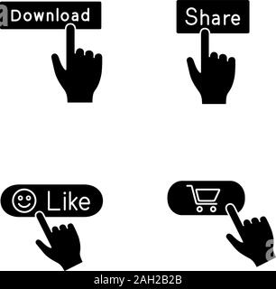 App tasten Glyphe Symbole gesetzt. Klicken Sie auf. Download, Teilen, wie, zu kaufen. Silhouette Symbole. Vektor isoliert Abbildung Stock Vektor