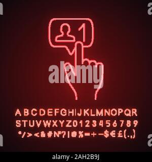 Neue follower" klicken Sie auf Neonlicht Symbol. Social media Teilnehmer. Neuen Freund. Hand drücken der Taste. Leuchtende Zeichen mit Alphabet, Zahlen und Symbolen. Stock Vektor