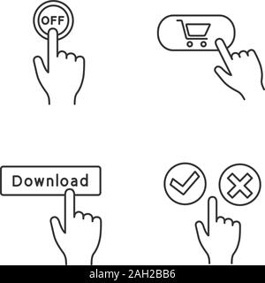 App Tasten lineare Symbole gesetzt. Klicken Sie auf. Schalten Sie, Kaufen, Herunterladen, Akzeptieren und Ablehnen. Thin Line Kontur Symbole. Isolierte vektor Kontur Illustrationen. Ed Stock Vektor