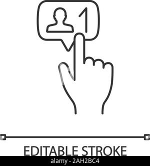 Neue follower" klicken Sie auf lineare Symbol. Dünne Linie Abbildung. Social media Teilnehmer. Neuen Freund. Hand drücken der Taste. Kontur Symbol. Vektor Isola Stock Vektor