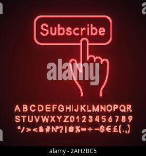 Taste zum Abonnieren klicken Sie auf Neonlicht Symbol. Abonnement. Social Media App. Hand drücken der Taste. Leuchtende Zeichen mit Alphabet, Zahlen und Symbolen. Vektor Stock Vektor