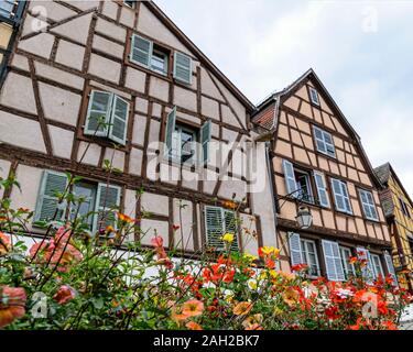 Frankreich, Elsass, Juni 2015: Malerische Fachwerk Häusern und bunten Blumen, die in der Stadt von Colmar Stockfoto