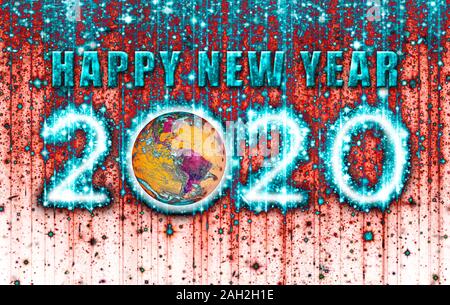 Blau und Rosa Strähnig psychedelischen Frohes Neues Jahr 2020 mit der Erde. 3D-Darstellung. Stockfoto