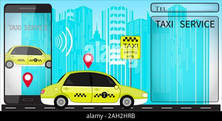 Taxi service Banner mit Auto und Smartphone. vector Abbildung auf einem blauen Hintergrund. Stock Vektor