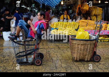 Ein Portier an (Markt) Pak Klong Talaat) Talad) in Bangkok, Thailand, einen gemütlichen Ruhelage in einem Korb Katze gefunden Stockfoto