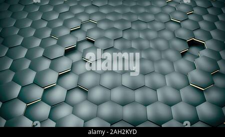 Abstrakte grau Hexagon Hintergrund mit Metall Textur. Polygonale Oberfläche. Futuristische Technologie Konzept. Hex Geometrie Muster. 3D-Rendering. Stockfoto