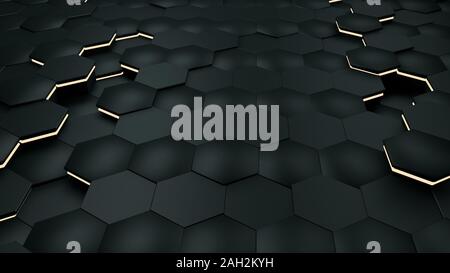 Abstrakte schwarze Sechseck Hintergrund mit Metall Textur und gelber Blitz. Polygonale dunkle Oberfläche. Futuristische Technologie Konzept. Hex Geometrie Muster Stockfoto