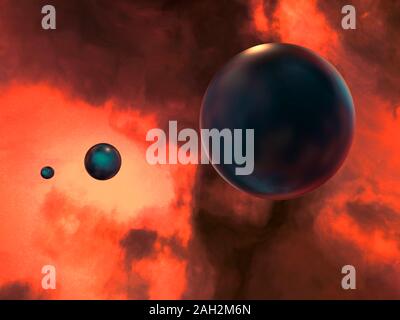 Digitale Illustration von drei dunklen Kugeln vor einem abstrakten Raum Hintergrund. Stockfoto