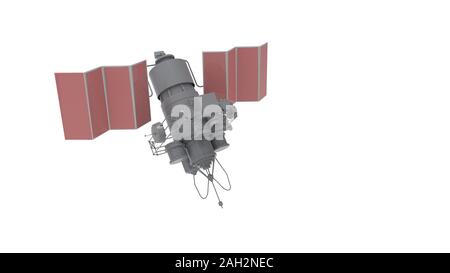 3D-Rendering eines Satelliten auf weißem Hintergrund Stockfoto