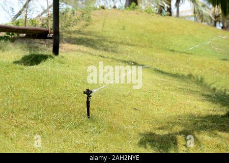 Rasen sprinkler Sprühwasser an einem Sommertag. Automatische Bewässerung Ausrüstung und Rasenpflege Stockfoto