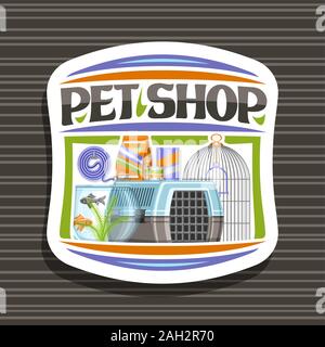 Vektor logo für Pet Shop, weiß dekorative Label mit der Abbildung von Kunststoff travel Box für Katze, Aquarium mit Goldfischen und Algen im Wasser, gewellt Stock Vektor