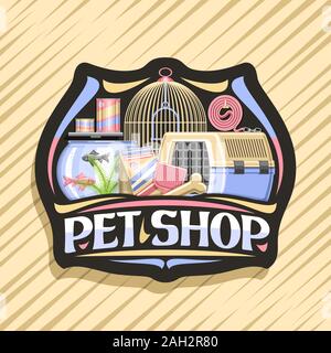Vektor logo für Pet Shop, schwarz dekorative Namensschild mit Abbildung: Transportbox für Katzen, Kunststoff Schaufel, Aquarium mit Goldfischen in Wasser und Gewellt Stock Vektor