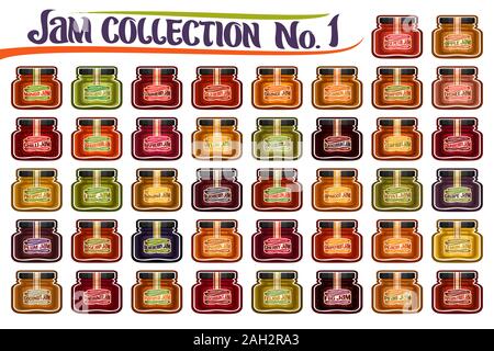 Vektor einrichten der verschiedenen Konfitüre-gläser, Gruppe von 42 bunte Ausschneiden Objekte der Früchte Container, isolierte grafische Illustrationen von kleinen Gläsern mit v Stock Vektor
