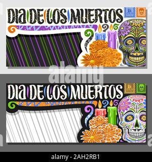 Vektor Layouts für Dia de los Muertos mit Kopie Raum, dekorativen Gutschein mit Abbildung: gruselige Schädel, orange Blumen, horizontale Grußkarte w Stock Vektor