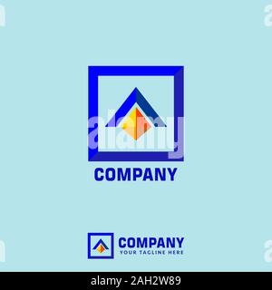 Real Estate Company Logo Design Vorlage, Diamant, Dach Design Konzept, Quadrat, Dreieck, Blau, Orange Stock Vektor
