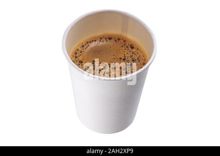 Heißen Kaffee oder Tee in einem Plastikbecher auf weißem Hintergrund Stockfoto