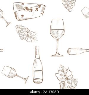 Wein eingestellt. Trauben, Käse und Wein aus der Flasche. Outline hand gezeichnete Skizze. Nahtlose Muster Stock Vektor