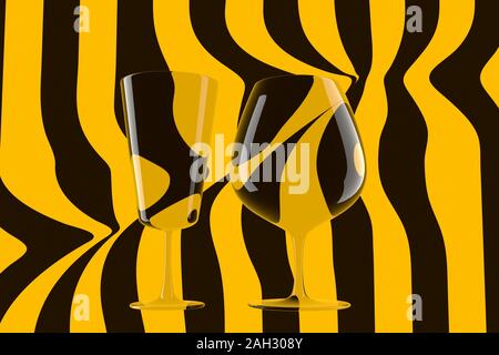 Paar leere Weingläser und Wein auf dem abisolierten Hintergrund. 3D-Darstellung. Stockfoto