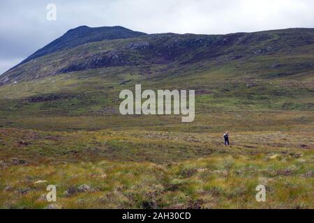 Einsame männliche Hillwalker wandern in die schottischen Berge Corbett Ben-T-Stück auf dem Weg von kilfinnan im Great Glen, Scottish Highlands, Schottland. UK. Stockfoto