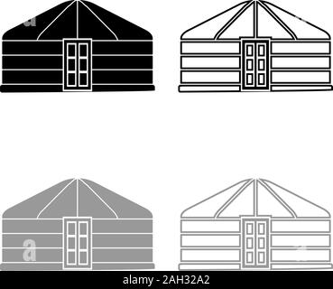 Jurten der Nomaden tragbaren Rahmen Wohnung mit Tür mongolischen Zelt für Gebäude Symbol outline Schwarz Grau Farbe Vektor-illustration Flat Style eingestellt Stock Vektor