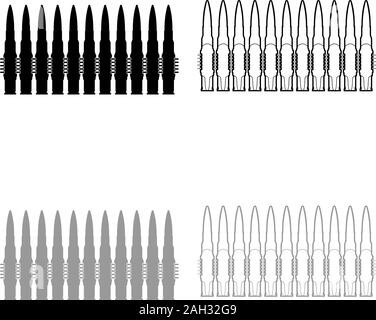 Kugeln in der Zeile Riemen Maschinengewehr Patronen Patronengurt Krieg Konzept Symbol Umrisse Set schwarz Farbe grau Vektor-illustration Flat Style simple Image Stock Vektor