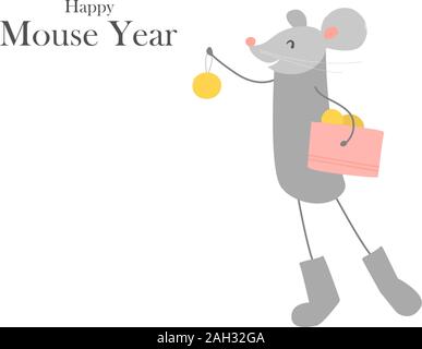 Symbol des chinesischen neuen Jahres 2020. Ratte. Lustige glücklich lächelnde Maus in Filz Stiefel mit Kugeln. Weihnachtsdekoration. Vector Illustration isoliert auf Stock Vektor