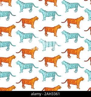 Wild Tiger Tribal Style nahtlose Muster. Zirkus oder zoo Blau und Orange wilde Katzen. Exotische safari Tiere, jungle Fauna kachelbare Textur. Kreative kindliche Tapete, Geschenkpapier oder textile Design Stock Vektor