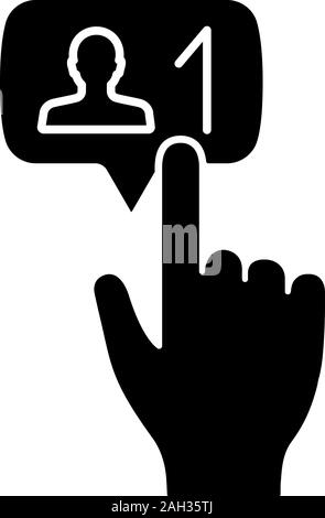 Neue follower" klicken Sie auf das Symbol "Glyphe. Silhouette Symbol. Social media Teilnehmer. Neuen Freund. Hand drücken der Taste. Negativer Platz. Vektor isoliert il Stock Vektor