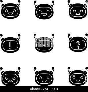 Roboter emojis Glyphe Symbole gesetzt. Chatbot Emoticons. Chat bot Smileys. Künstliche Intelligenz. Virtueller Assistent. Künstliche conversational Entität. Silho Stock Vektor